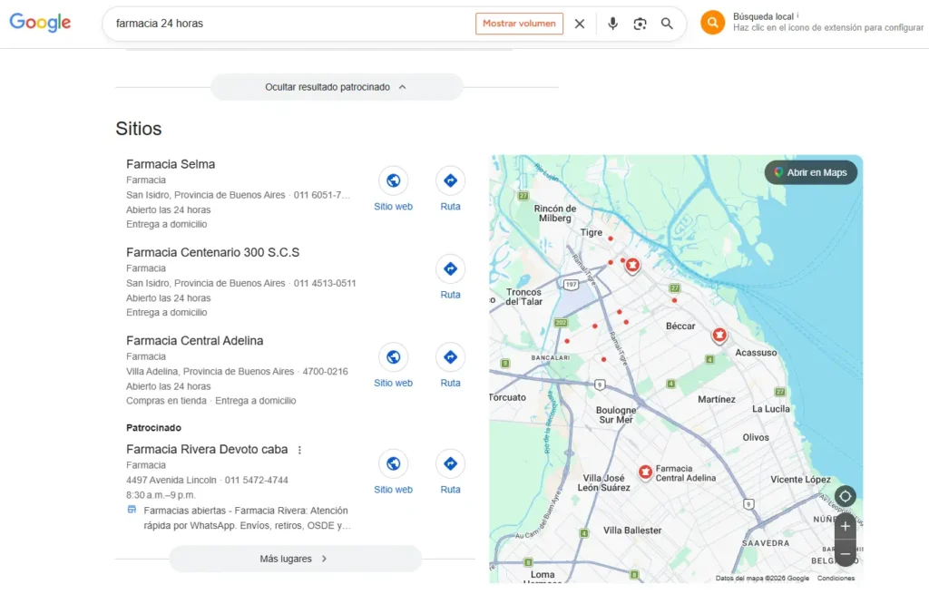 Un ejemplo de búsqueda donde aparece el mapa de google maps enseñando negocios
